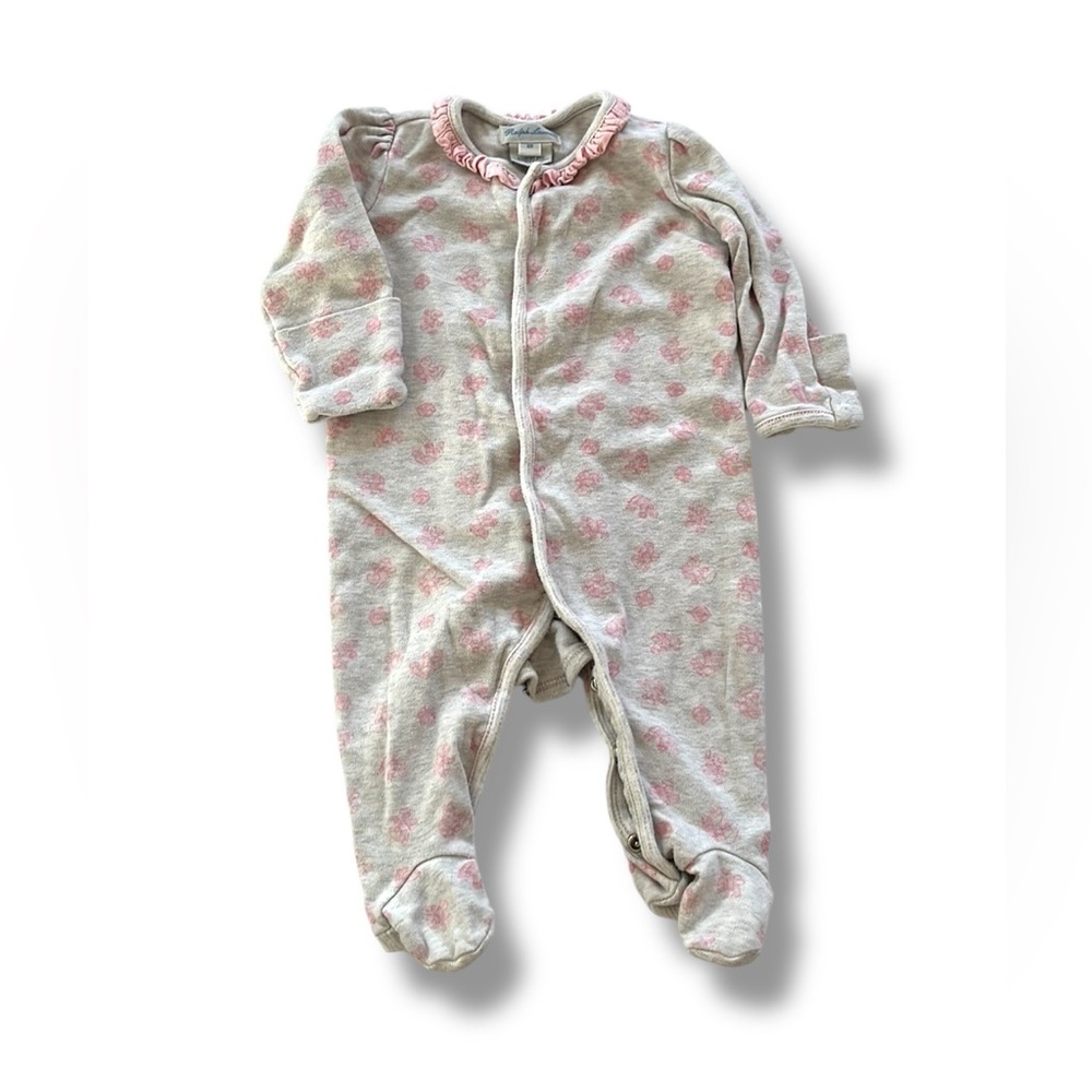Ralph Lauren Baby Footed Pajamas Pink Floral Velour Ruffle Collar 6 Months